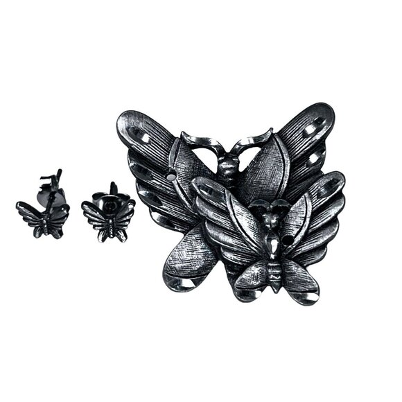 Vtg Estate Jewelry Butterfly Brooch Pin Intergrated Matching Earrings Set of 3 - Picture 1 of 8